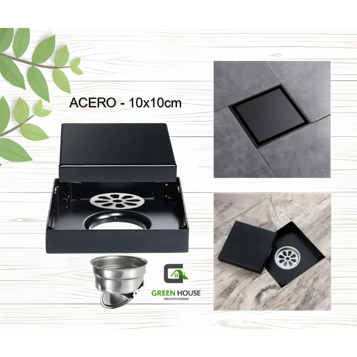 GREEN HOUSE - SUMIDERO REVERSIBLE ACERO SUS 304 DE 10CM  NEGRO