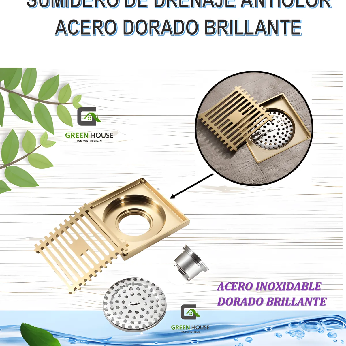 GREEN HOUSE - SUMIDERO DORADO ACERO SUS 304 DE 10CM