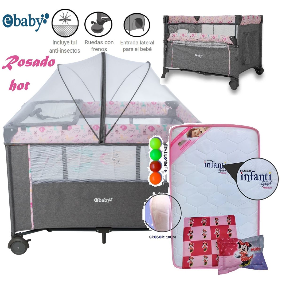 EBABY - Cuna corral NALA Rosado y Colchón Rosado