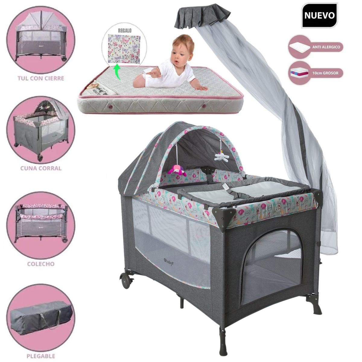 EBABY - Cuna Corral Dacora Rosa y Colchón rosa con Pelotas