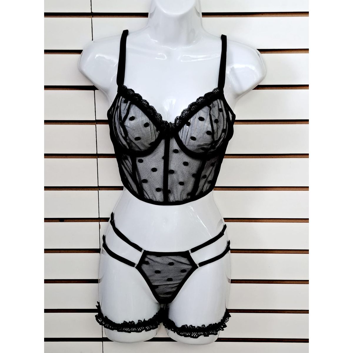 GENERICO - Conjunto de Encaje LADDY Bralette Hilo Ligas COLOR NEGRO DE ALCOBA