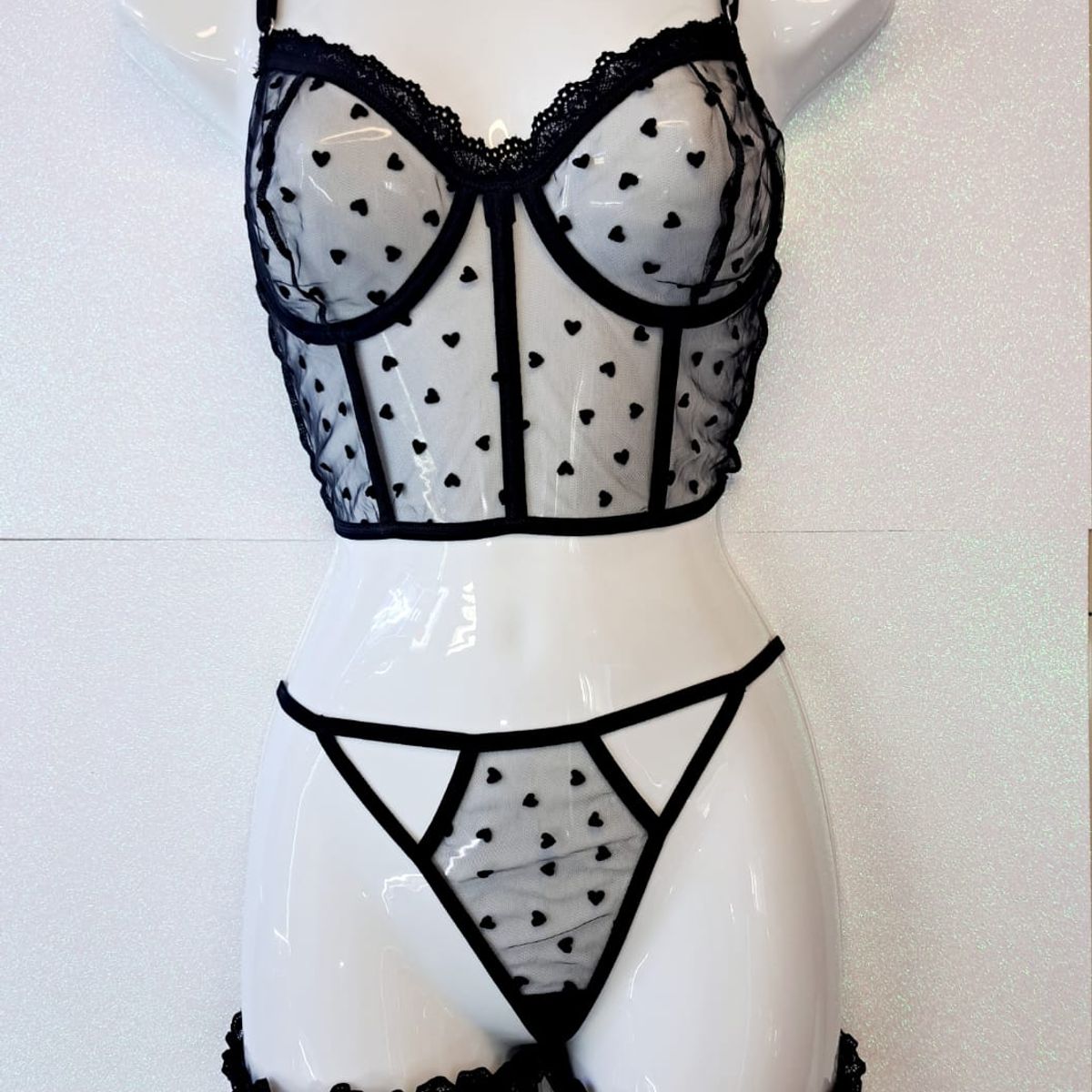 GENERICO - Conjunto de Encaje LADDY Bralette Hilo Ligas COLOR NEGRO DE ALCOBA