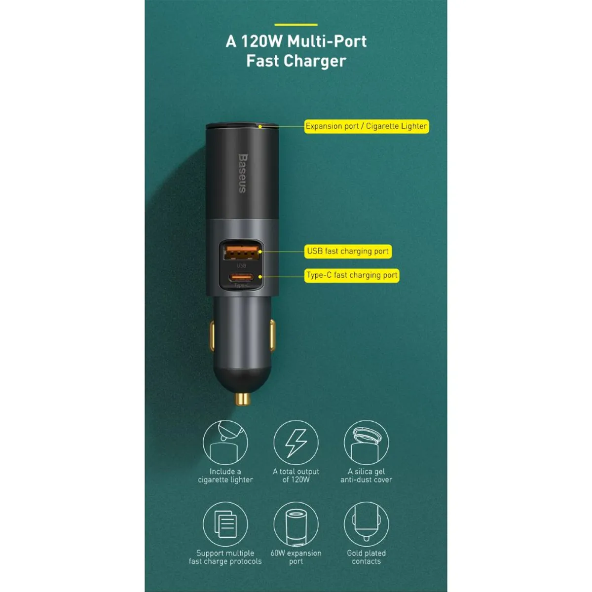 BASEUS - Cargador Auto Baseus Iphone Android Usb C Carga Rapida 120W