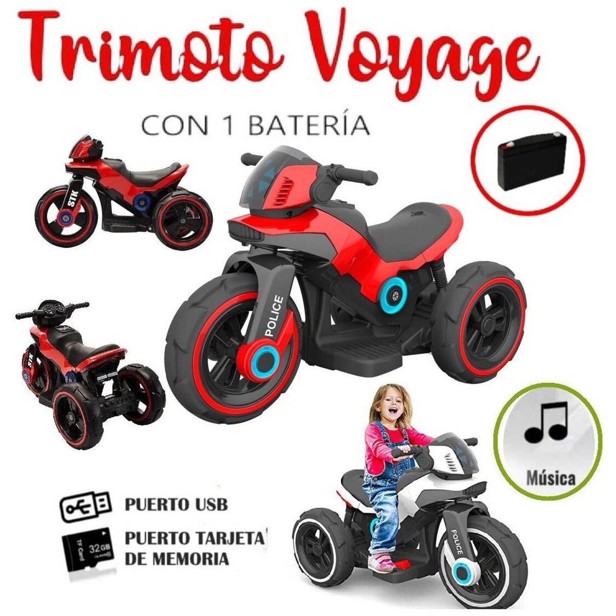 GENERICO - Trimoto Policia con 1 Batería Sonido y Entrada USB Rojo