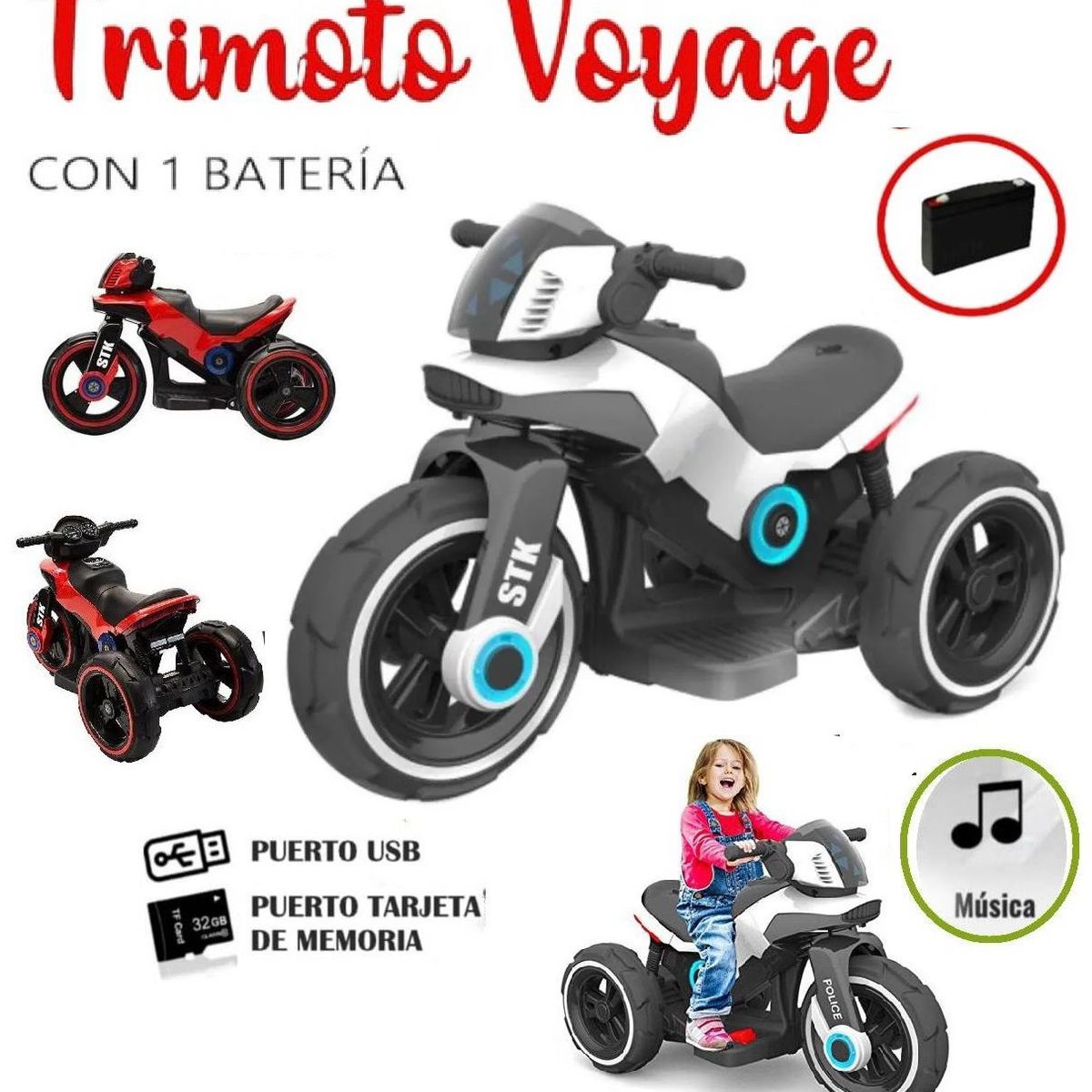 GENERICO - Trimoto Policia con 1 Batería Sonido y Entrada USB Blanco