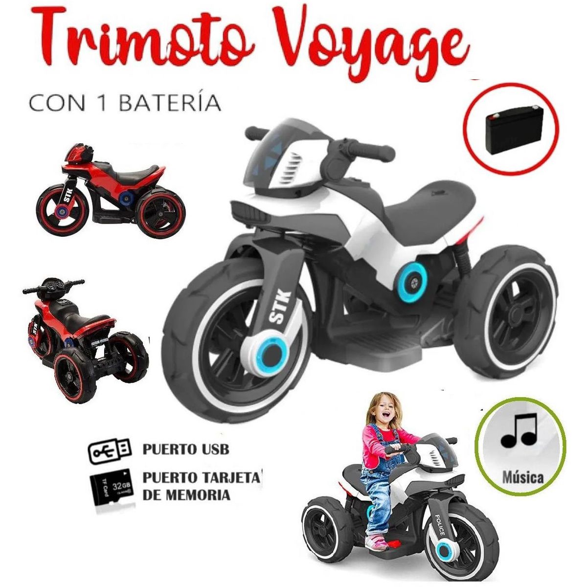 GENERICO - Trimoto Policia con 1 Batería Sonido y Entrada USB Blanco