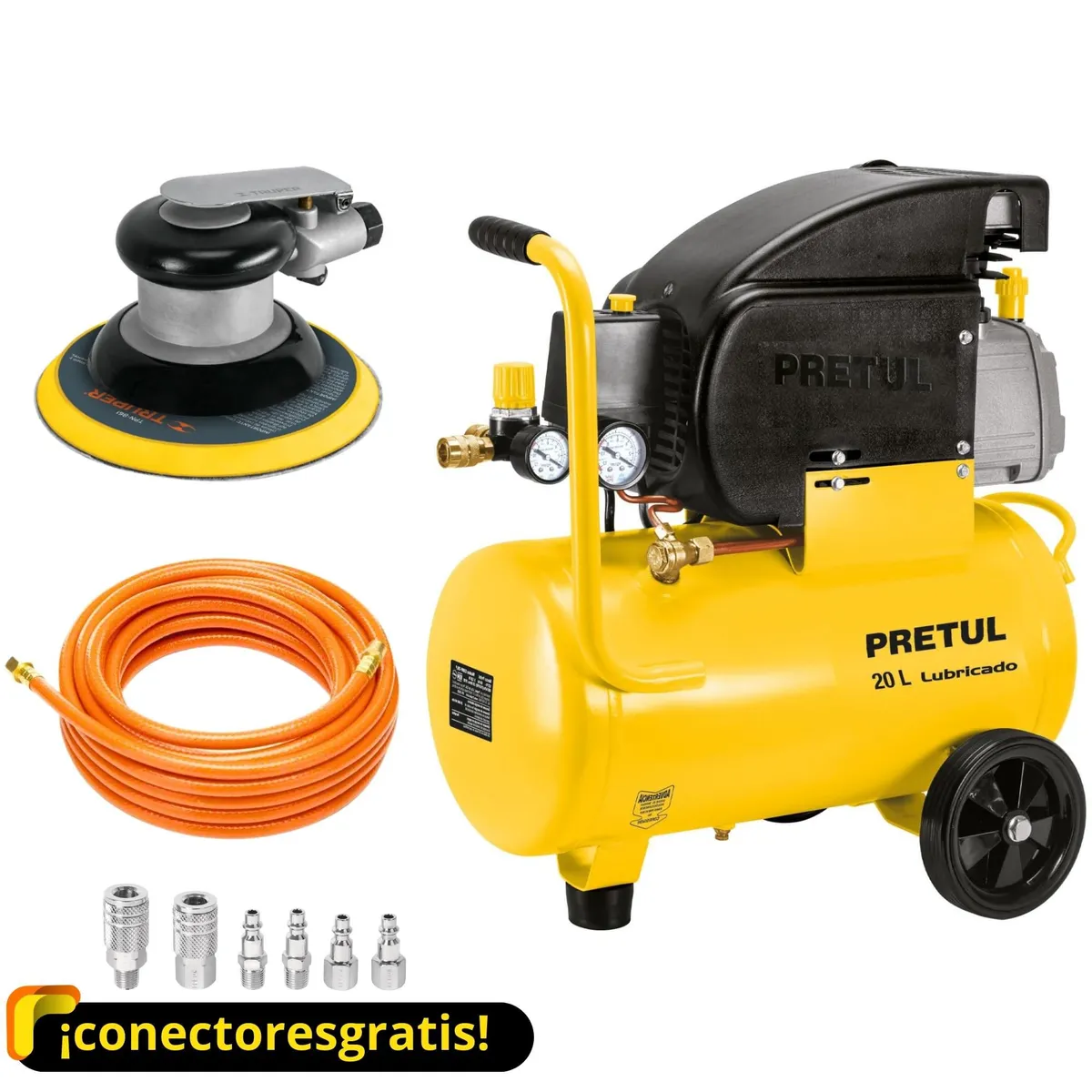 PRETUL - KIT Compresora de Aire  20Lt,  LIJADOR ORBITAL NEUMATICO manguera