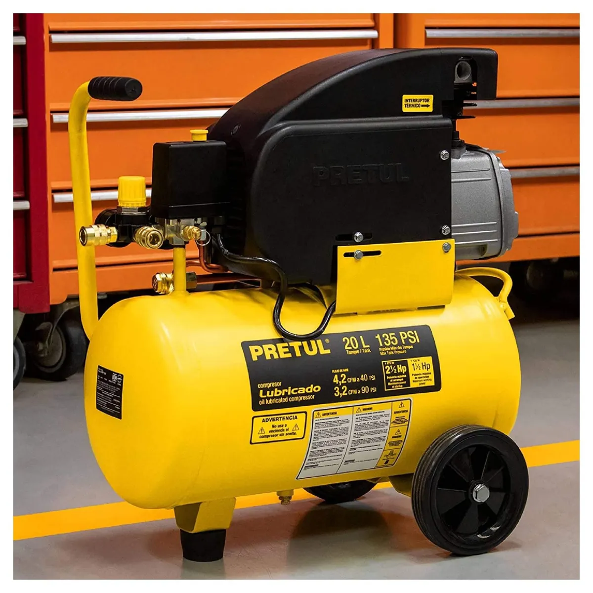 PRETUL - KIT Compresora de Aire  20Lt,  LIJADOR ORBITAL NEUMATICO manguera