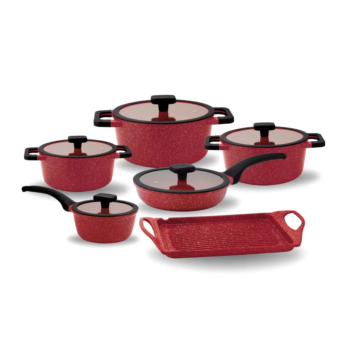 PENTHA - Juego de Ollas Roca Volcánica de 11 Pcs Color Rojo