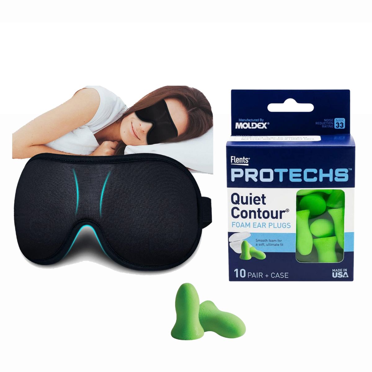 PROTECH - 20 Tapones Made USA + Antifaz NEGRO 3D Ultradelgado Bloquea 99%Luz YOUIGE-FLENTS