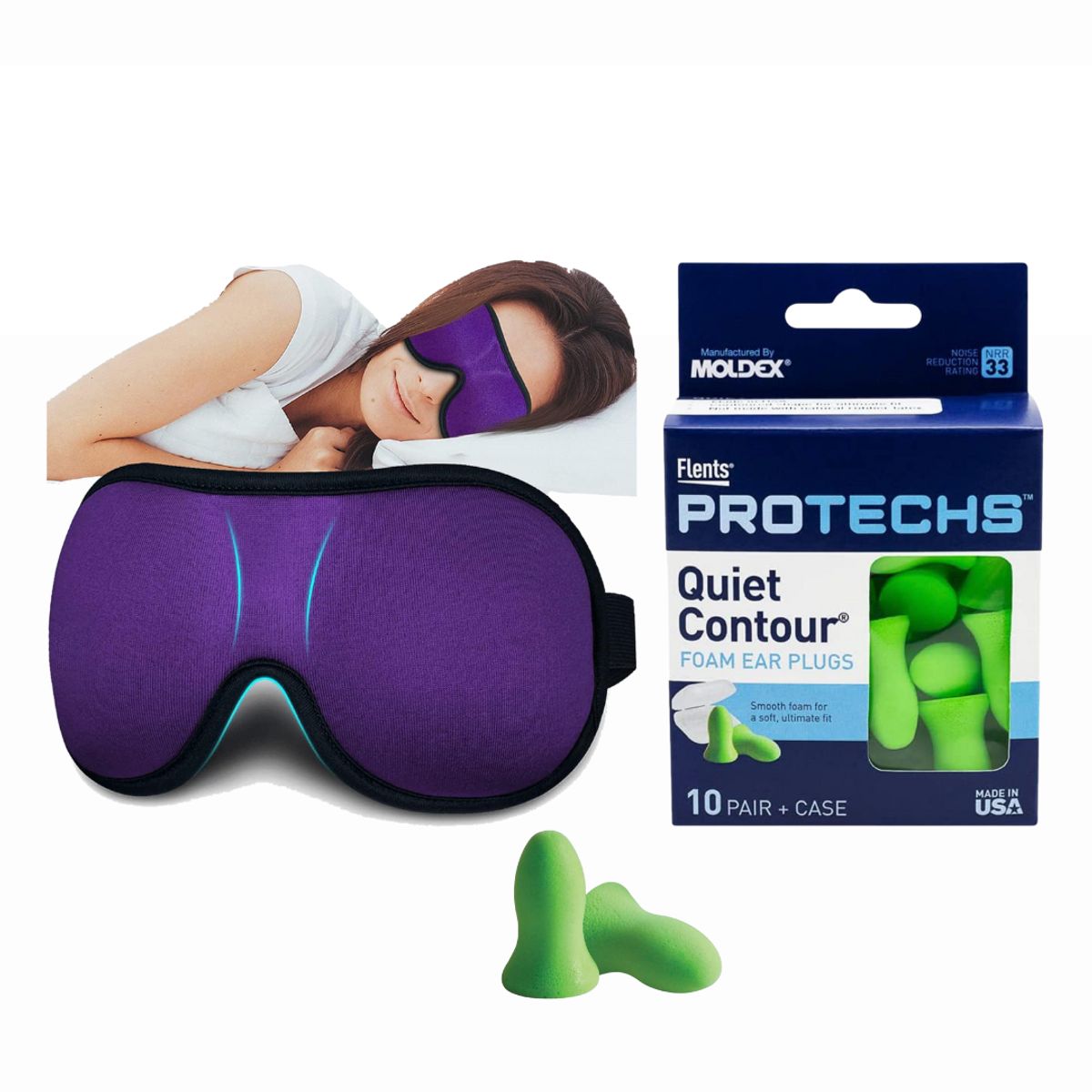 PROTECH - 20 Tapones Made USA + Antifaz LILA 3D Ultradelgado Bloquea 99% Luz YOUIGE-FLENTS