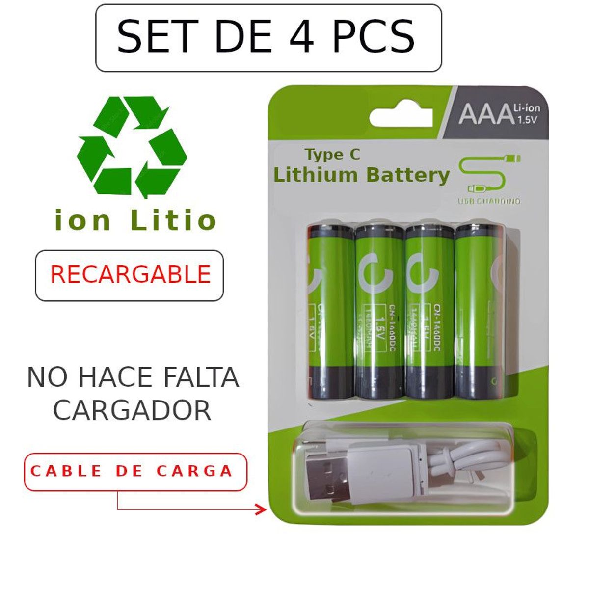 GENERICO - 4 Pilas AAA RECARGABLE litio li ion NO HACE FALTA CARGADOR