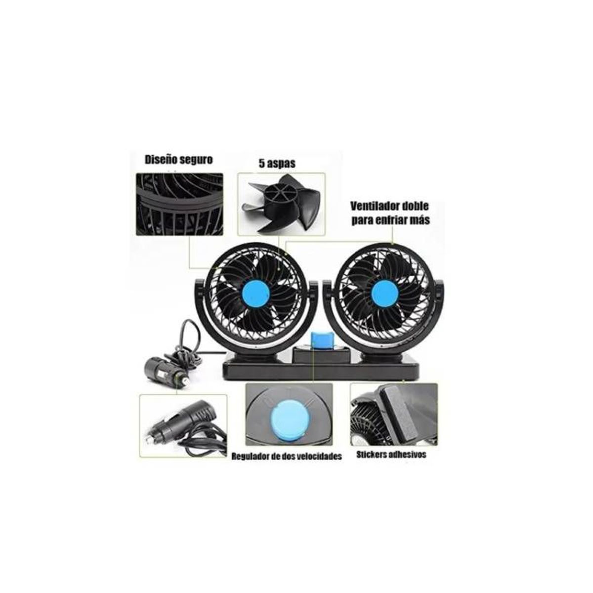 GENERICO - Ventilador 360º camioneta y auto 12v doble base giratoria