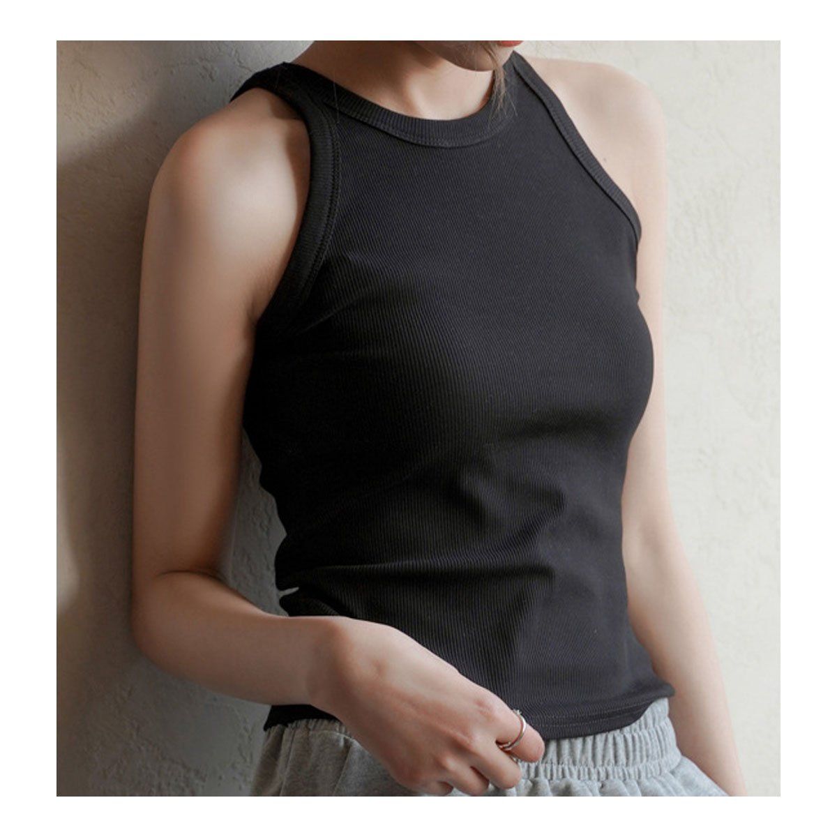 42AROZINA - Crop top básico sin mangas para mujer corte slim canalé