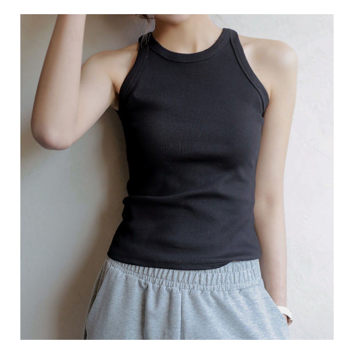 42AROZINA - Crop top básico sin mangas para mujer corte slim canalé