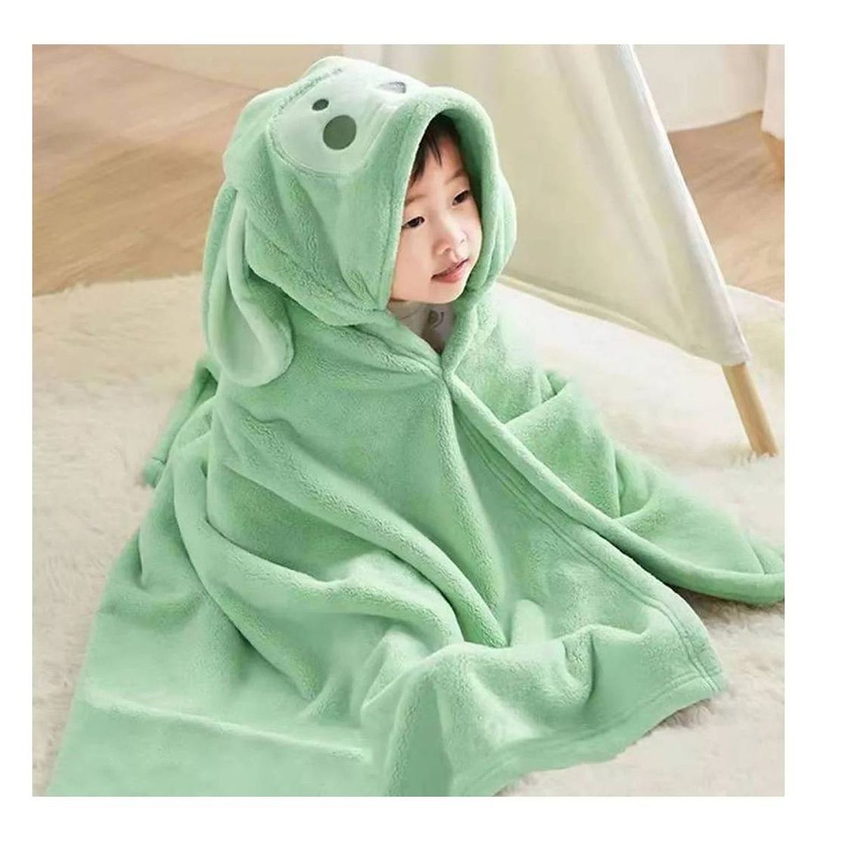 DENISASAA - Toalla De Baño Suave Para Niños Con Gorro Animal Espesar-Verde