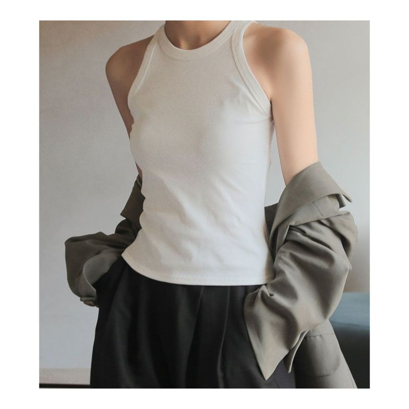 42AROZINA - Crop top básico sin mangas para mujer corte slim canalé