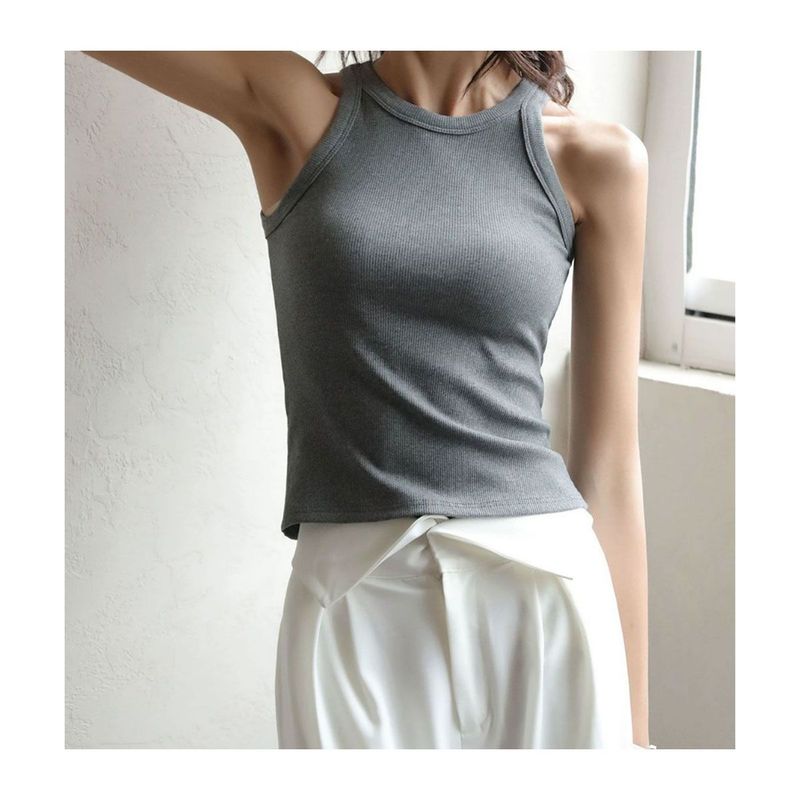 42AROZINA - Crop top básico sin mangas para mujer corte slim canalé