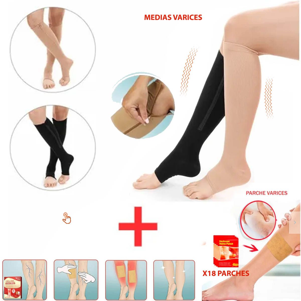 GENERICO - Pack 1 PAR Medias Compresion Y 18 Parches Varices