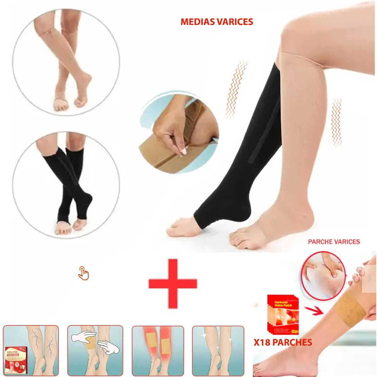 GENERICO - Pack 1 PAR Medias Compresion Y 18 Parches Varices