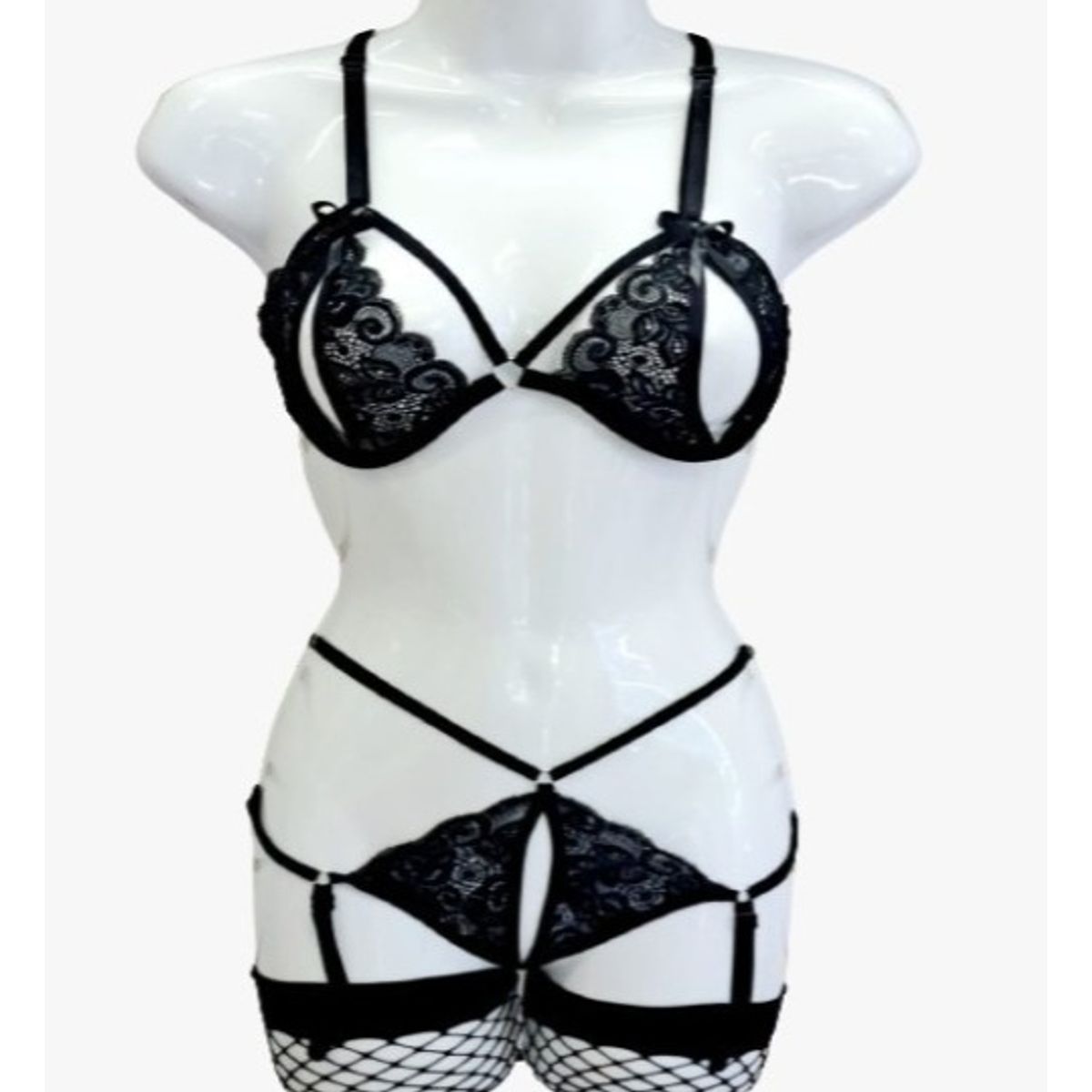 GENERICO - Conjunto Lenceria 3PZ Portaligas de Encaje LYON con Medias DEALCOBA