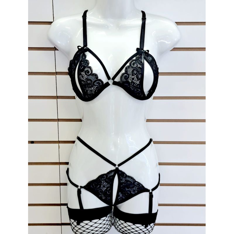 GENERICO - Conjunto Lenceria 3PZ Portaligas de Encaje LYON con Medias DEALCOBA