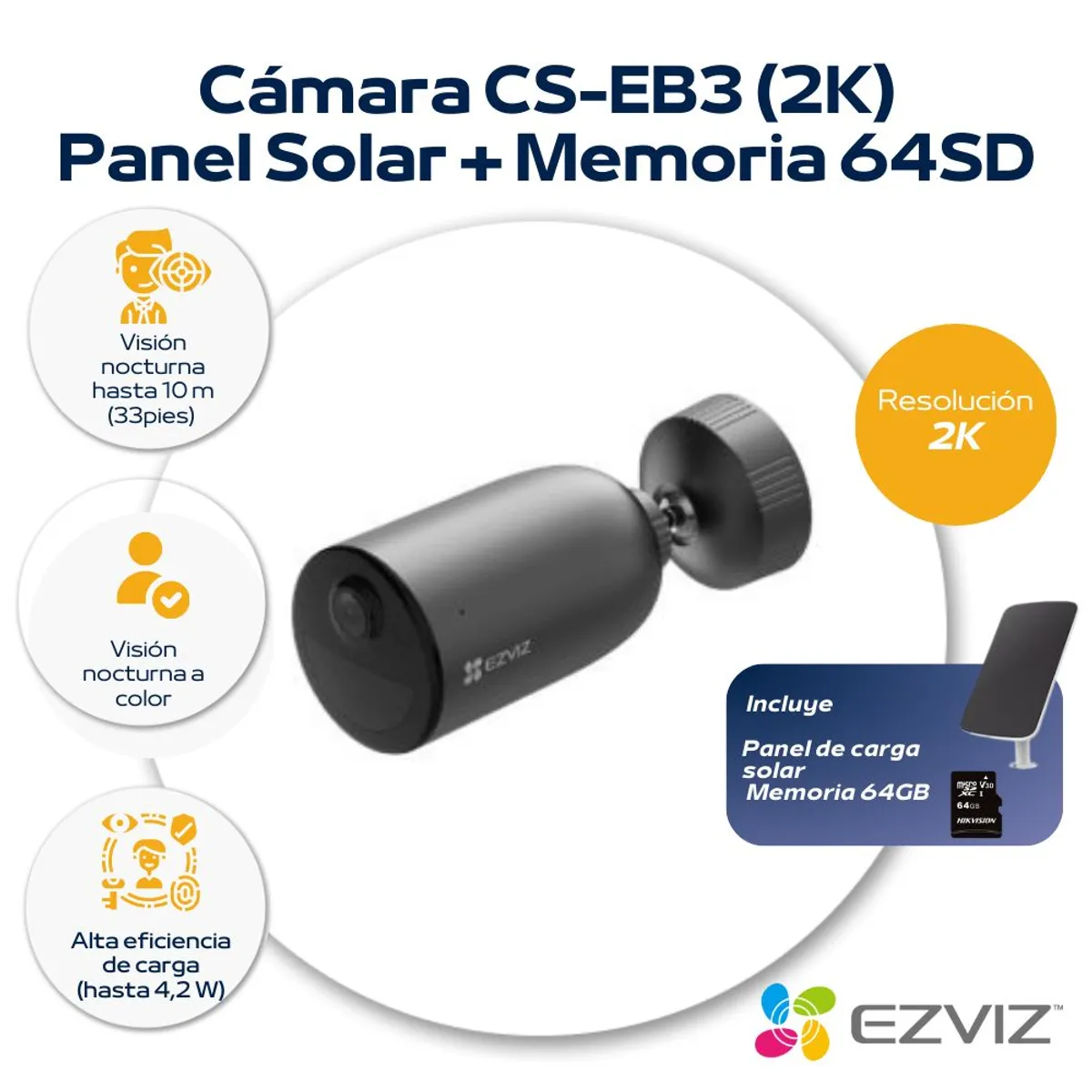 EZVIZ - Cámara Inalámbrica para exterior 2k +  Panel de carga solar 64GB - Ezviz