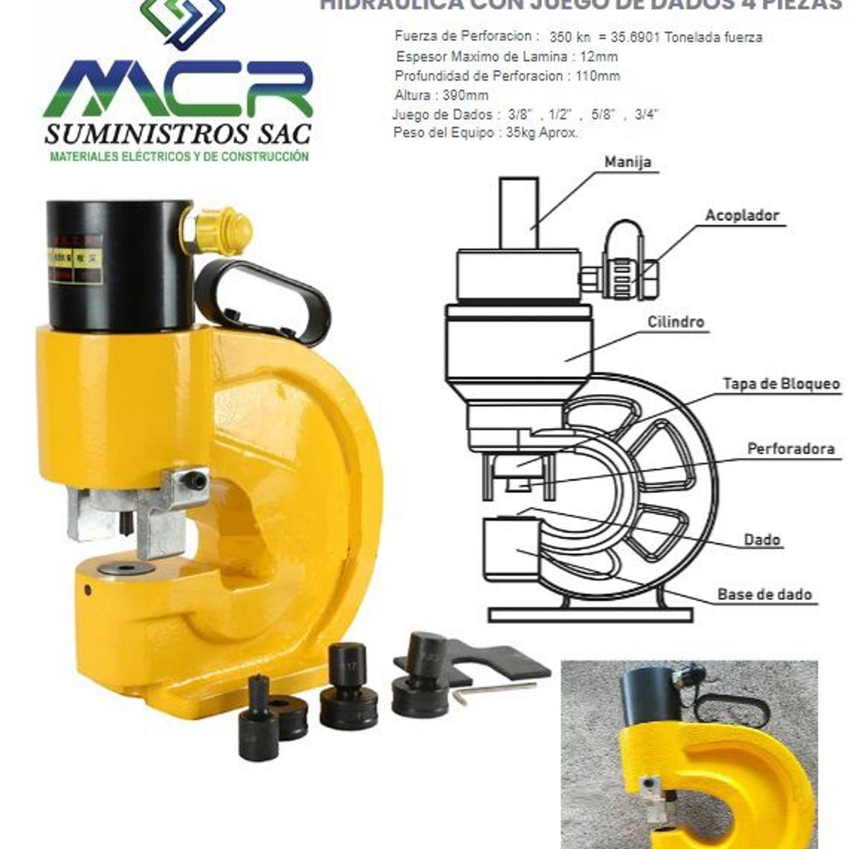 GENERICO - SACABOCADO PUNZONADORA INDUSTRIAL HIDRAULICA + JUEGO DE DADOS 4 PIEZAS