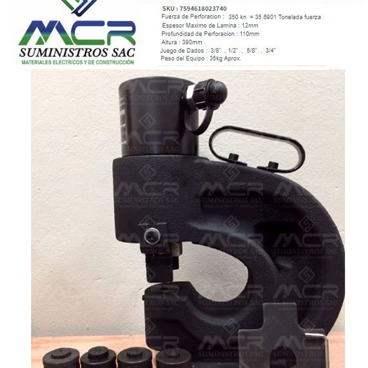 GENERICO - SACABOCADO PUNZONADORA INDUSTRIAL HIDRAULICA + JUEGO DE DADOS 4 PIEZAS