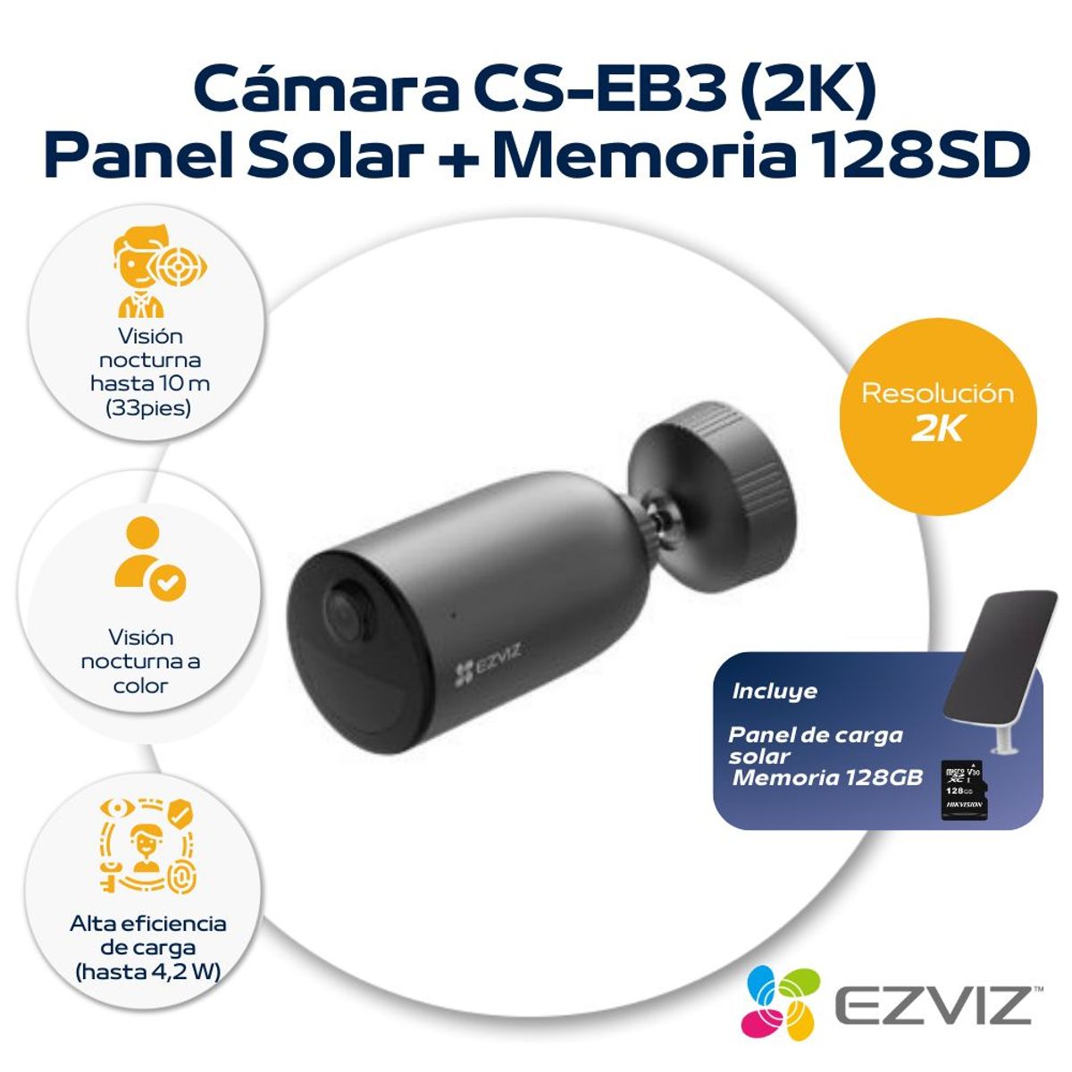 EZVIZ - Cámara Inalámbrica para exterior 2k +  Panel de carga solar 128SD - Ezviz