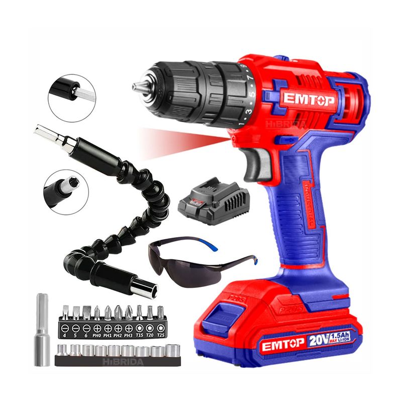 EMTOP - TALADRO ATORNILLADOR 20V  SET EXTENSOR DADOS PUNTAS EMTOP