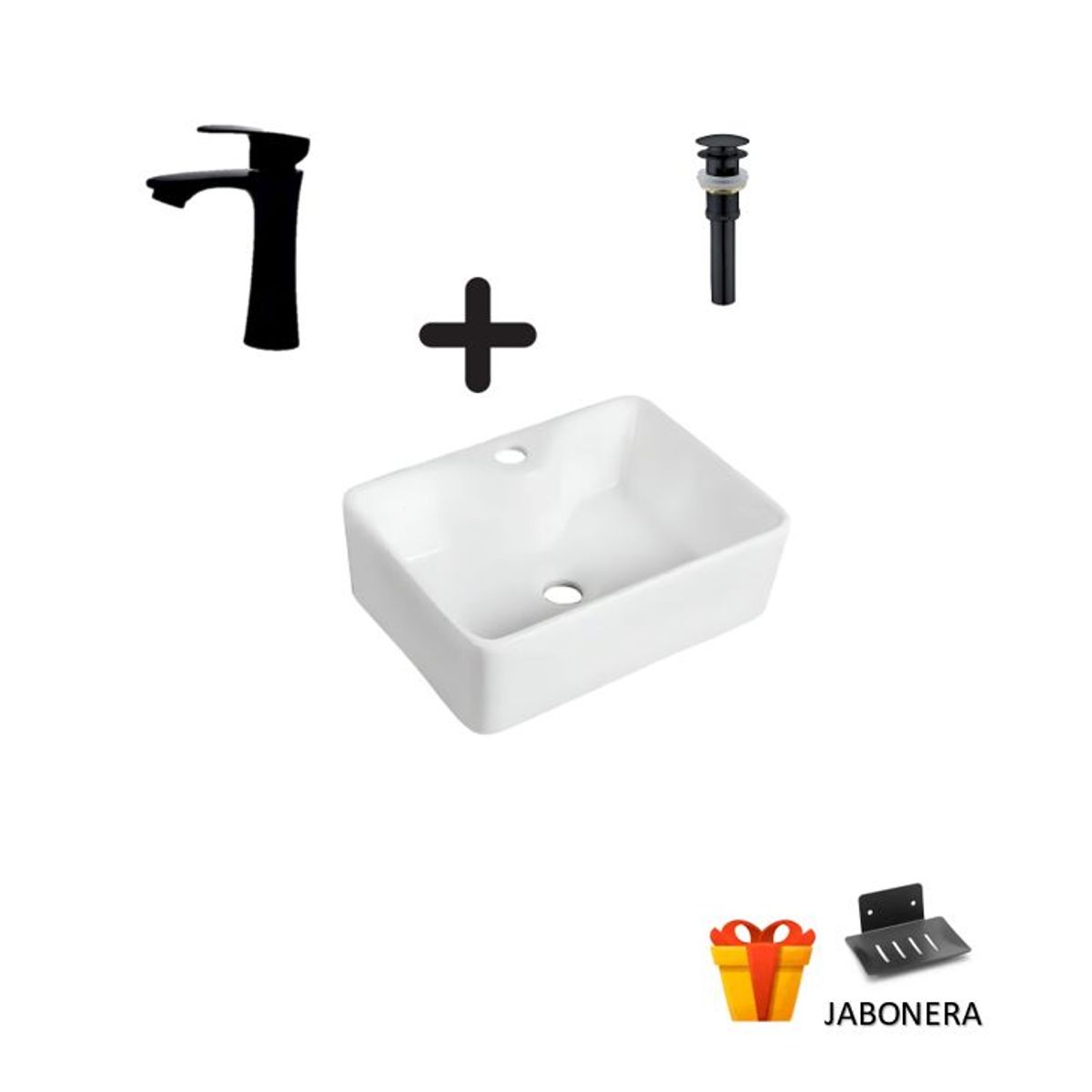 GENERICO - COMBO DE LAVATORIO CUADRADO MAS GRIFERIA COLOR NEGRO Y DESAGUE W