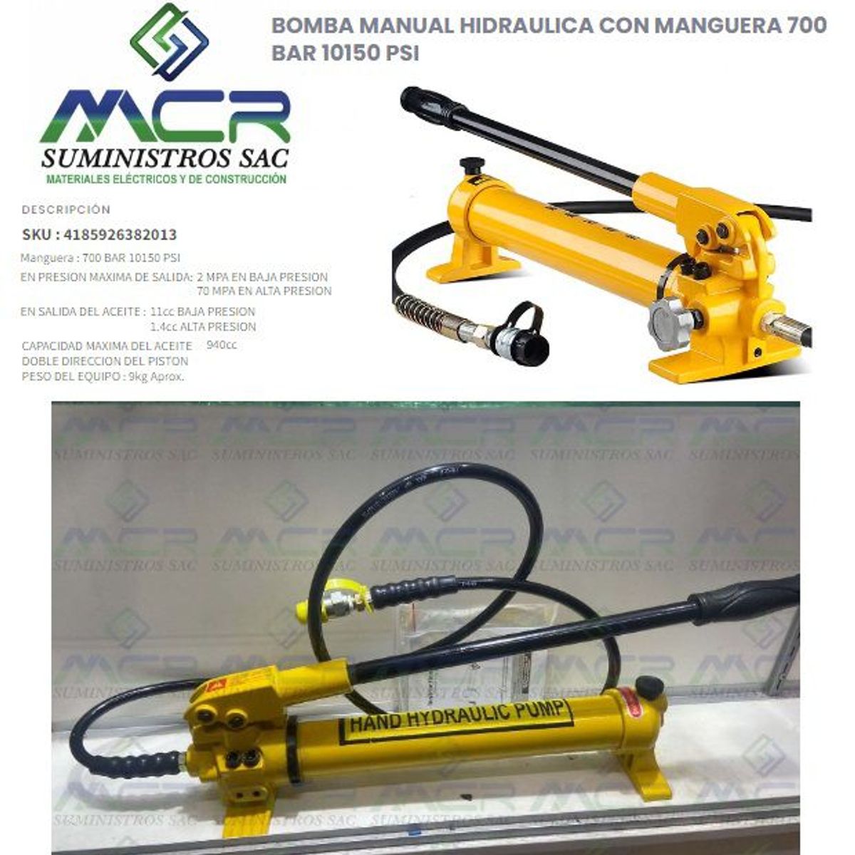 GENERICO - BOMBA MANUAL HIDRAULICA CON MANGUERA 700 BAR 10150 PSI