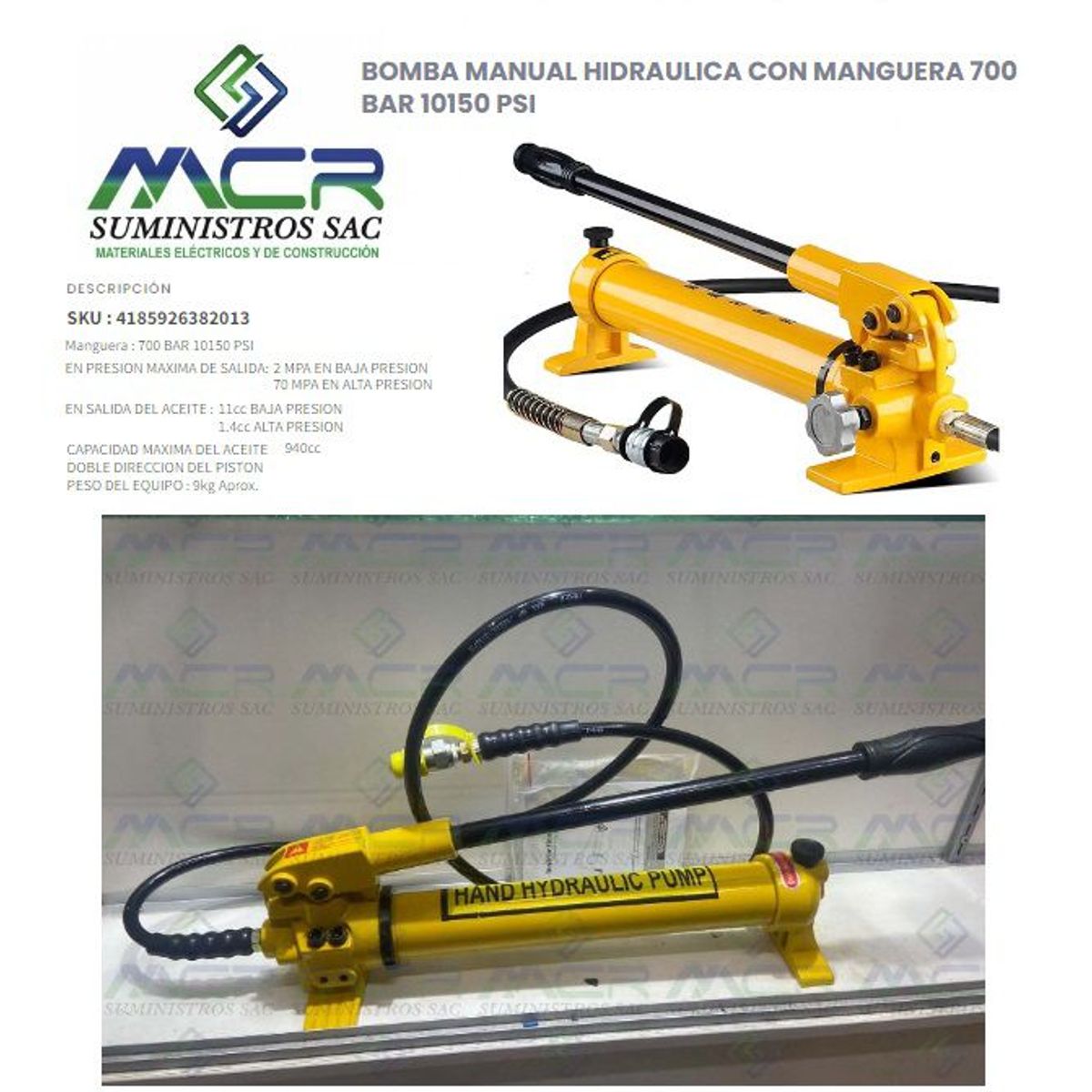 GENERICO - BOMBA MANUAL HIDRAULICA CON MANGUERA 700 BAR 10150 PSI