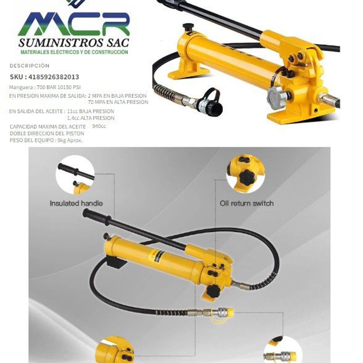 GENERICO - BOMBA MANUAL HIDRAULICA CON MANGUERA 700 BAR 10150 PSI