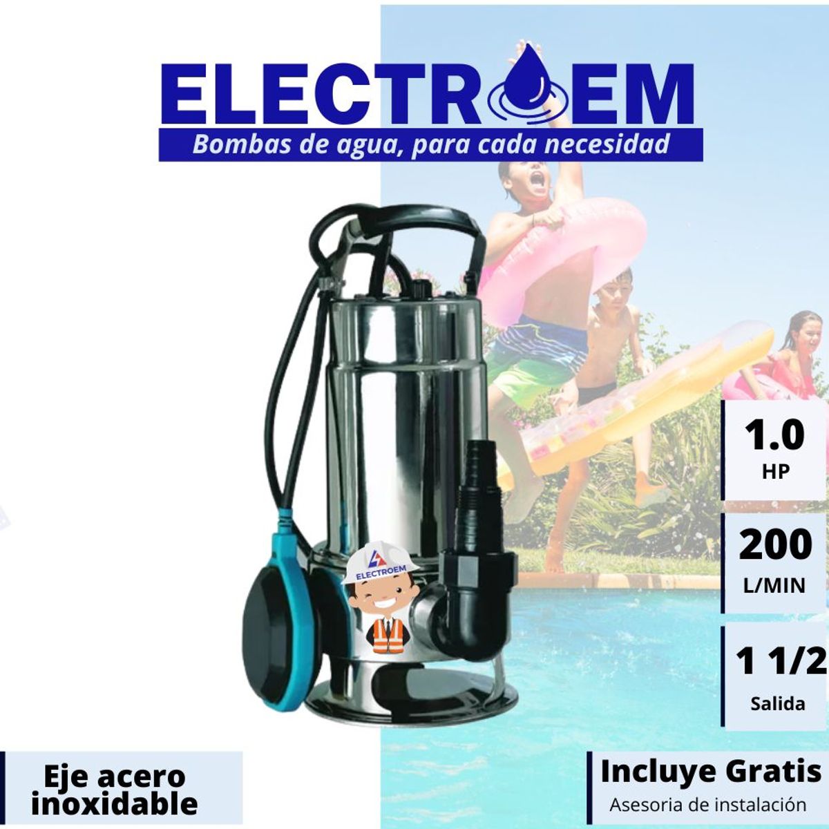 LEO - BOMBA  INOXIDABLE SUMERGIBLE PARA RIEGO Y DRENAJE 200 L/MIN 1HP