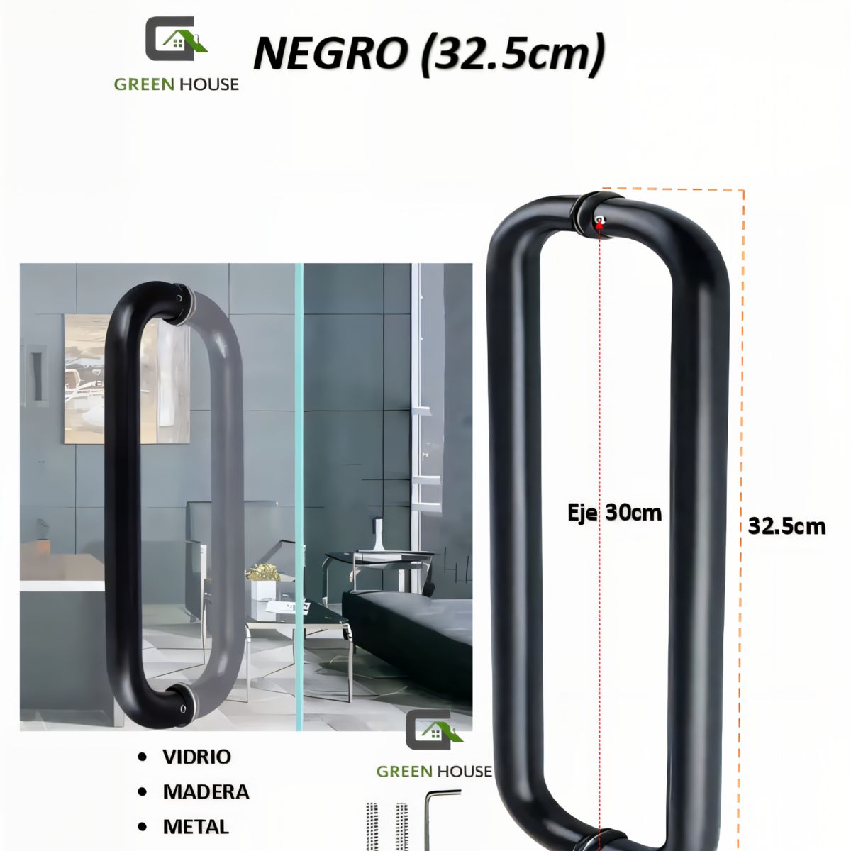 GREEN HOUSE - MANILLON - JALADOR - TIRADOR  C NEGRO  PUERTAS DE VIDRIO (EJE 300)