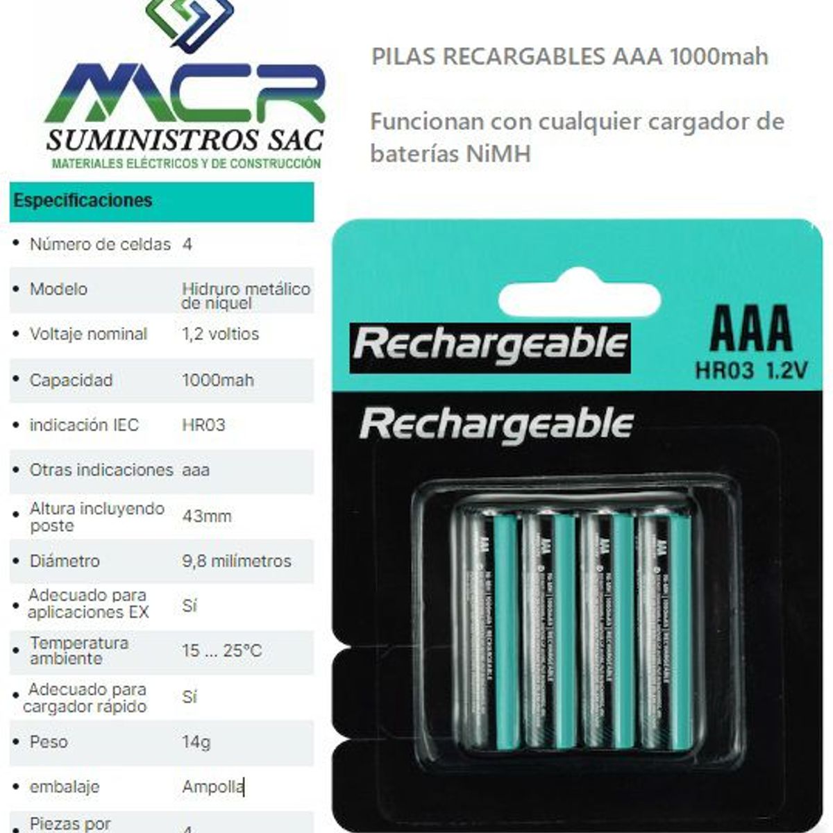 GENERICO - PILAS RECARGABLES AAA 1000 mAh BLISTER DE 4 UND