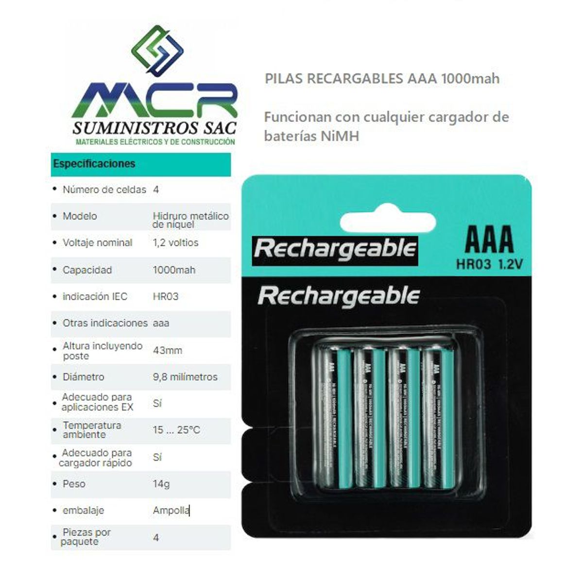 GENERICO - PILAS RECARGABLES AAA 1000 mAh BLISTER DE 4 UND