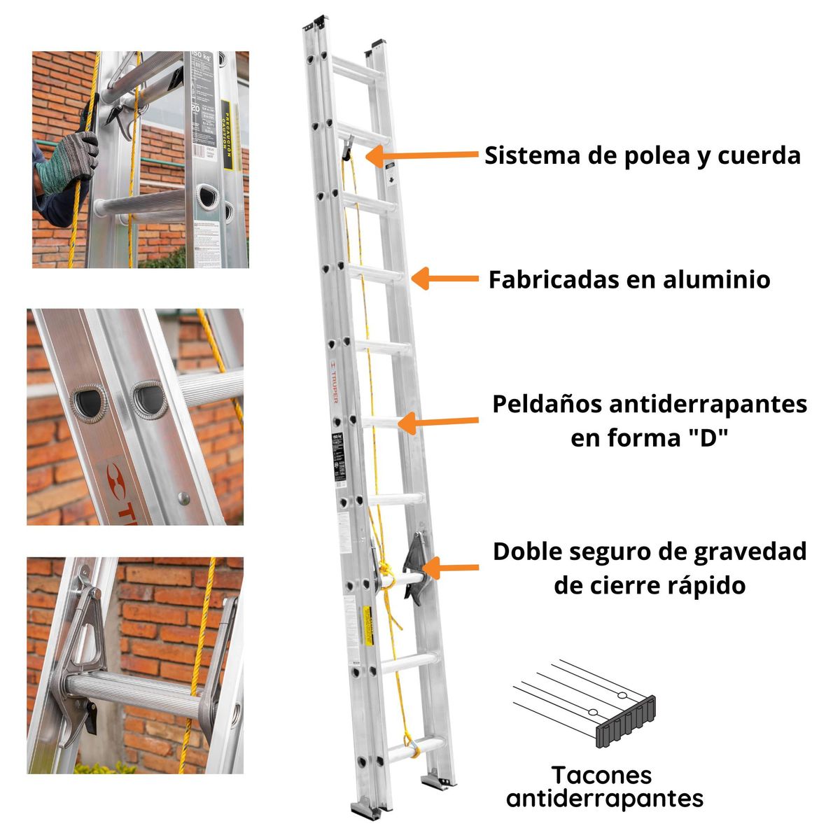 TRUPER - Combo Escalera telescópica 20 pasos, Arnés de seguridad linea de vida