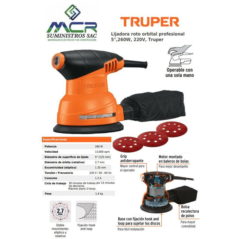 TRUPER - Lijadora roto orbital profesional 5" 260W 220V 102466 Truper