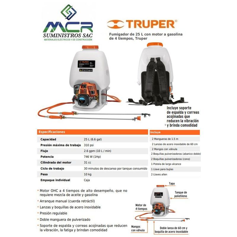 TRUPER - Fumigador de mochila con motor a gasolina 4 tiempos 25 LITROS truper