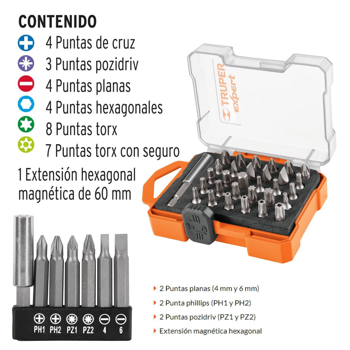 TRUPER - kit Destornillador inalámbrico profesional, Juego de 37 puntas, Truper