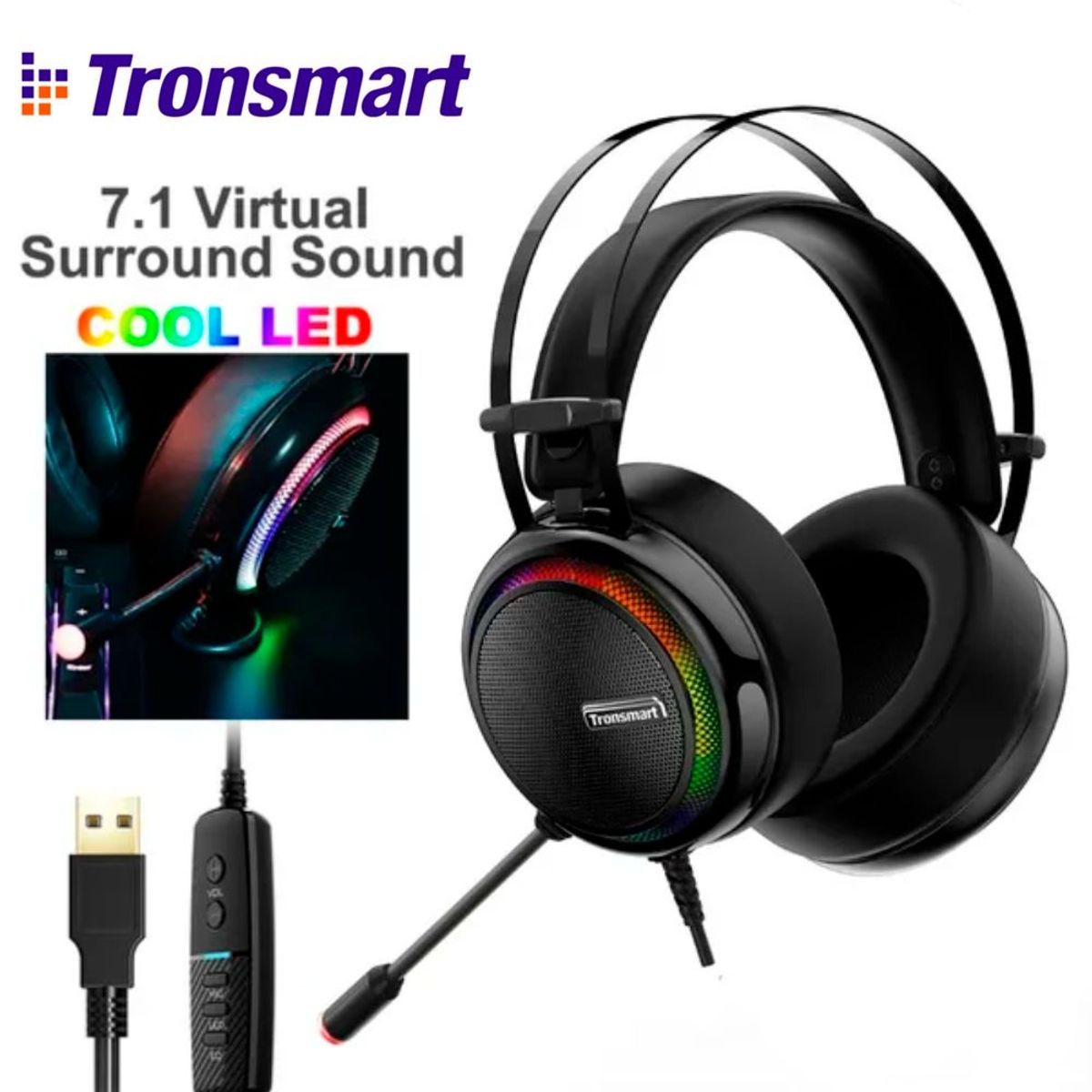 TRONSMART - Audifono RGB Gamer Tronsmart Glary Extra Bass PC PS4 Mac Luces LED