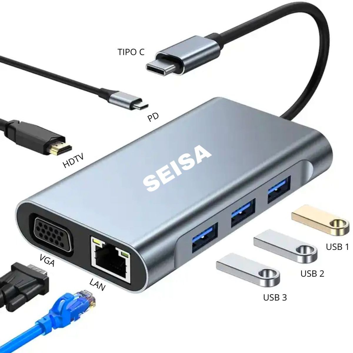 SEISA - Adaptador Convertidor 7 en 1 BYL-2111 Tipo C a LAN USBx3 VGA HDTV PD