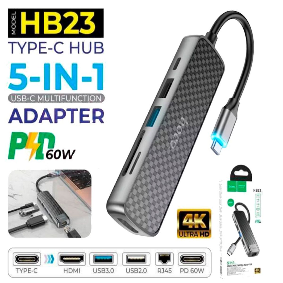 HOCO - Adaptador Cable Tipo C a HDMI / USB 3.0 / USB 2.0 / RJ45 - PD 60W