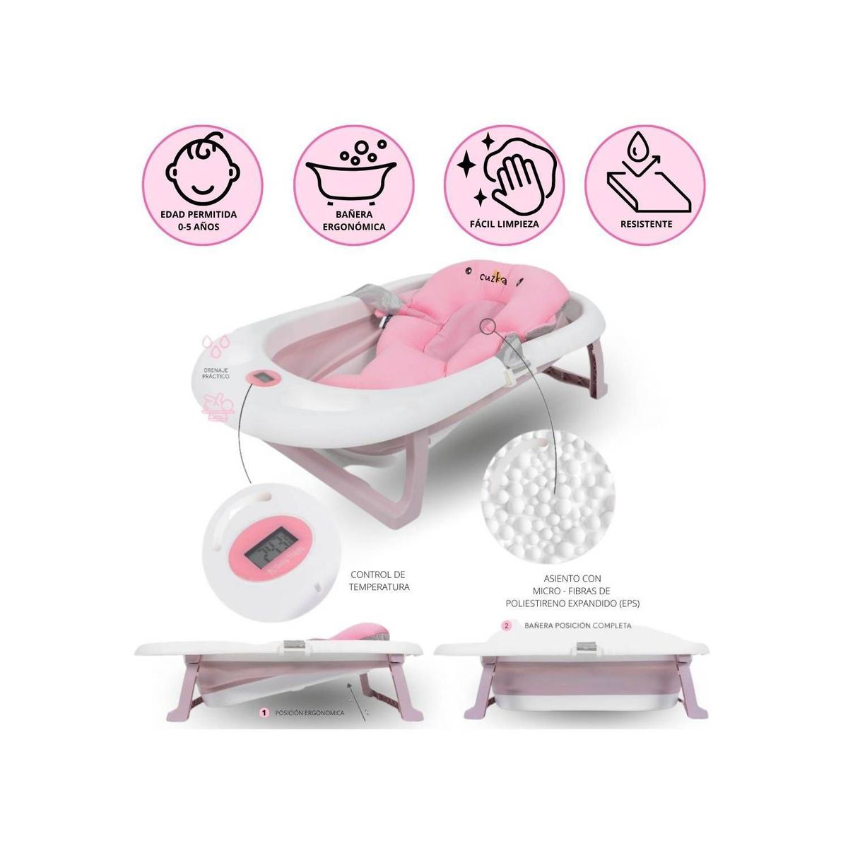 BABY HAPPY - Bañera Plegable con Almohada para Bebé PARTY Pink