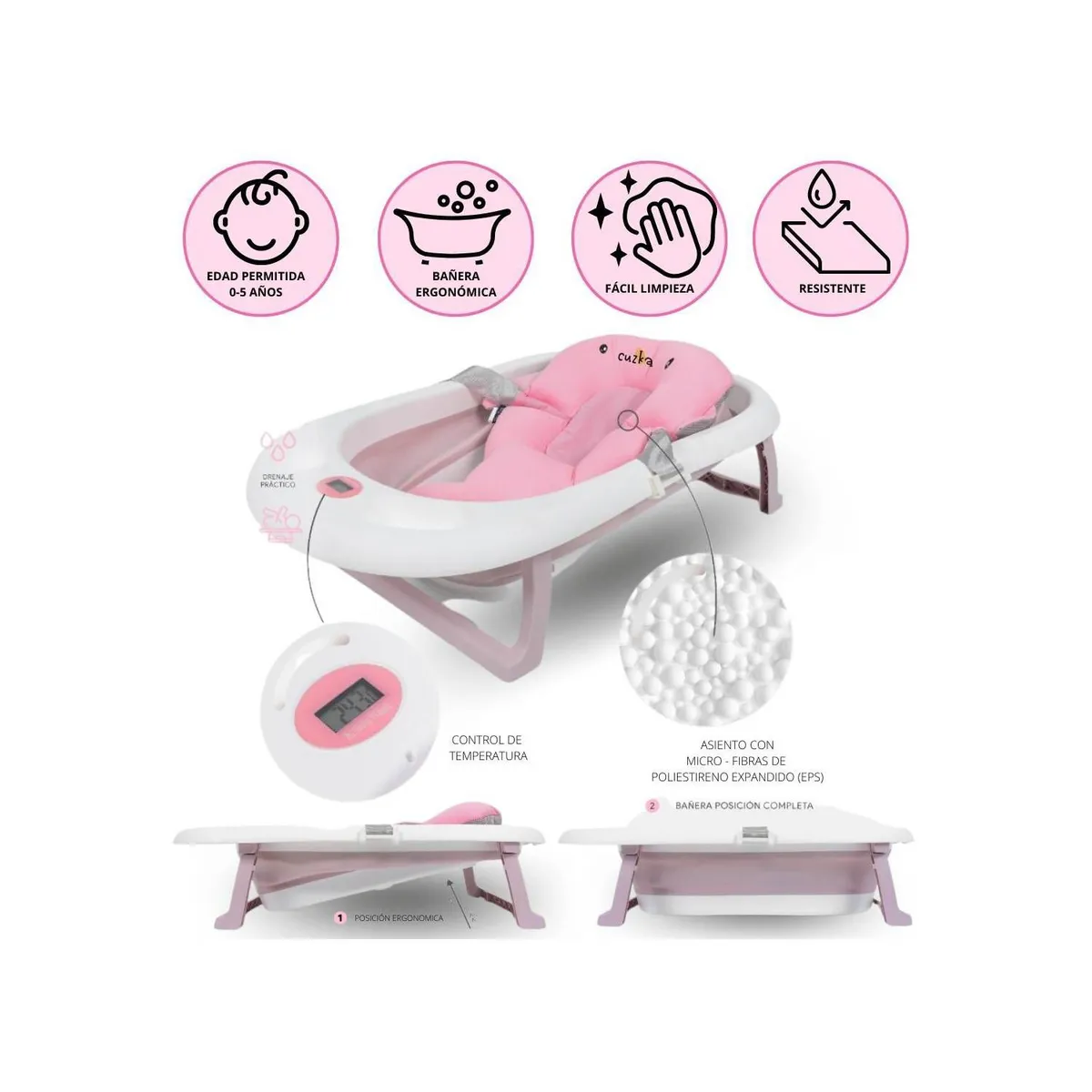 BABY HAPPY - Bañera Plegable con Almohada para Bebé PARTY Pink