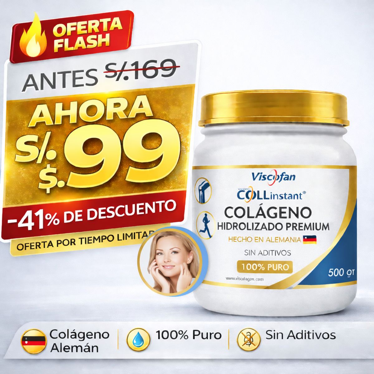 VISCOFAN COLLINSTANT - Colágeno Hidrolizado Alemán Ultra Premium 500 gr con Péptidos Bioactivos  COLLinstant Viscofan 100% Puro