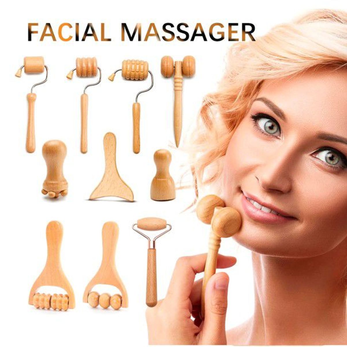 GENERICO - Set 10 Masajeadores Faciales Moldeadores de Rostro Maderoterapia